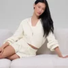 Sudadera con capucha de cachemira con tejido de panal y cremallera completa - Marfil