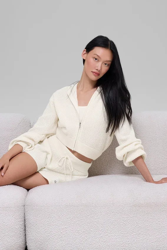 Sudadera con capucha de cachemira con tejido de panal y cremallera completa - Marfil