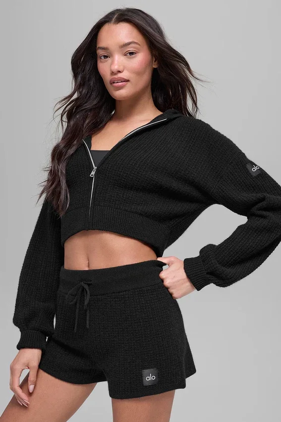 Sudadera con capucha de cachemira con tejido de panal y cremallera completa - Negro