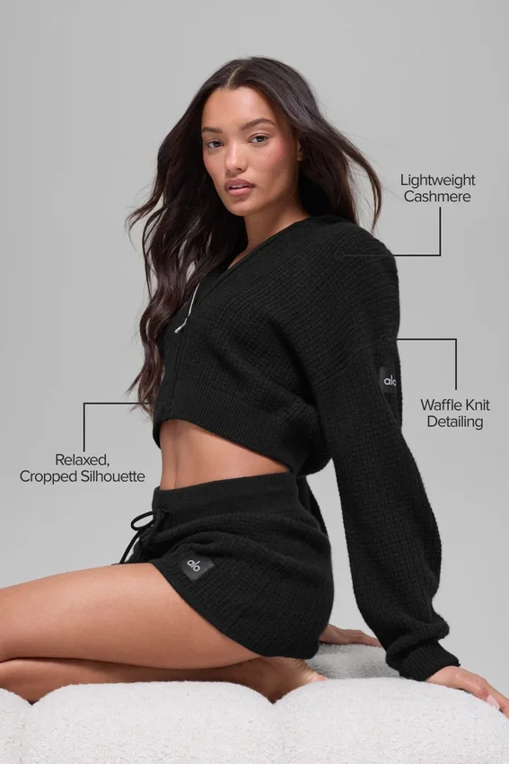 Sudadera con capucha de cachemira con tejido de panal y cremallera completa - Negro