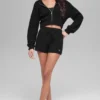 Sudadera con capucha de cachemira con tejido de panal y cremallera completa - Negro