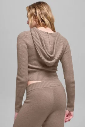 Sudadera con capucha Noble de lana y cachemira con canalé y cremallera completa – Chai Latte