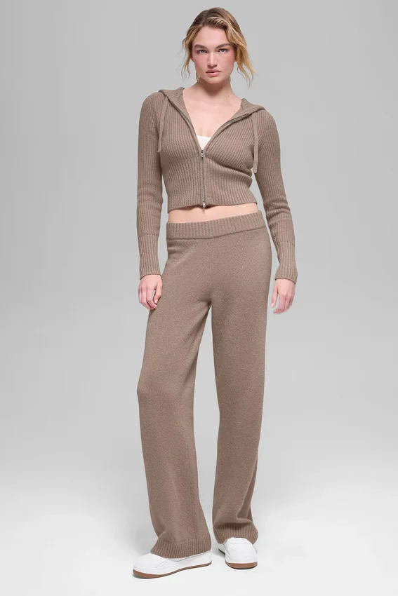 Sudadera con capucha Noble de lana y cachemira con canalé y cremallera completa - Chai Latte