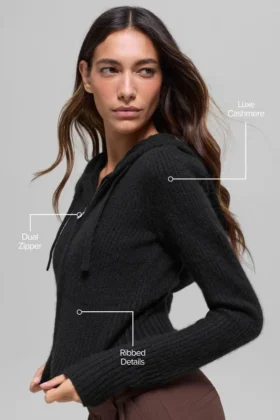 Sudadera con capucha Noble de lana y cachemira con costuras acanaladas y cremallera completa – Negro