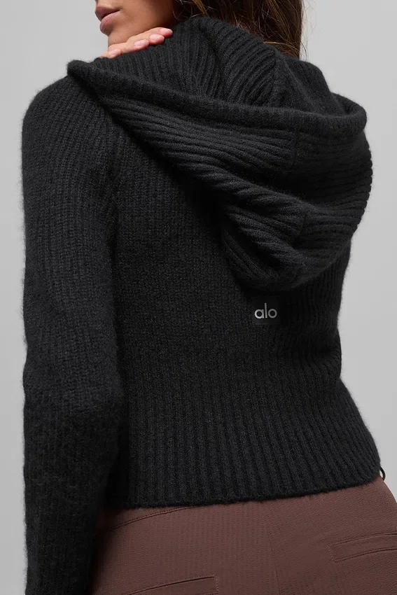 Sudadera con capucha Noble de lana y cachemira con costuras acanaladas y cremallera completa - Negro