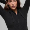 Sudadera con capucha Noble de lana y cachemira con costuras acanaladas y cremallera completa - Negro