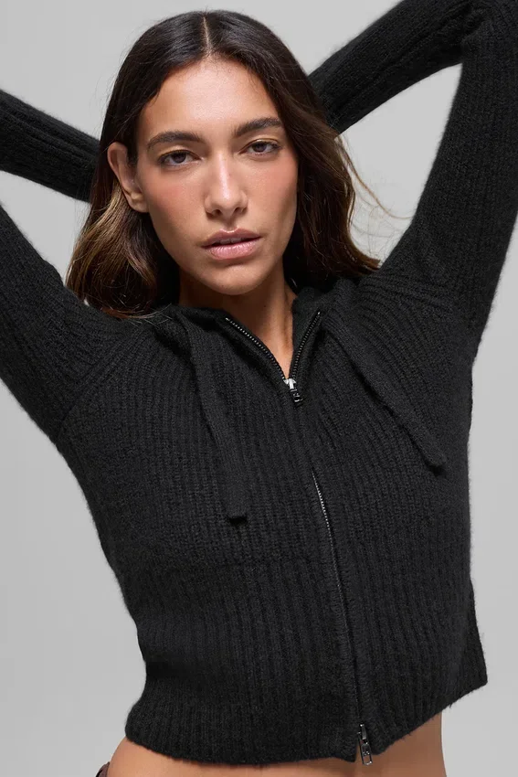 Sudadera con capucha Noble de lana y cachemira con costuras acanaladas y cremallera completa - Negro