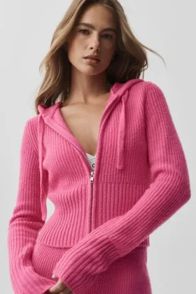 Sudadera con capucha Noble de lana y cachemira con costuras acanaladas y cremallera completa – Rosa paraíso