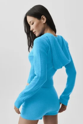 Sudadera con capucha Noble de lana y cachemira con ribetes y cremallera completa – Azul celeste