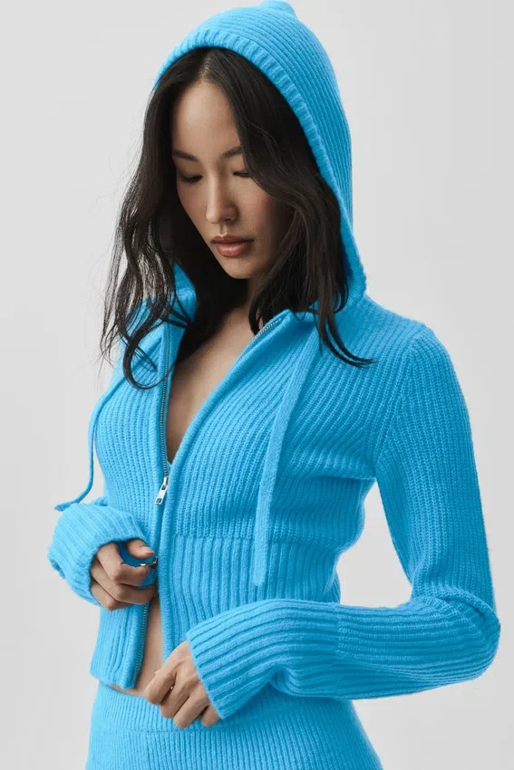 Sudadera con capucha Noble de lana y cachemira con ribetes y cremallera completa - Azul celeste