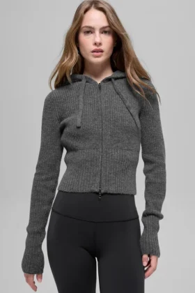 Sudadera con capucha Noble de lana y cachemira con ribetes y cremallera completa - Gris platino