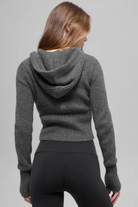 Sudadera con capucha Noble de lana y cachemira con ribetes y cremallera completa – Gris platino