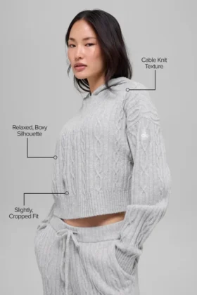 Sudadera con capucha Winter Bliss de punto trenzado – Gris jaspeado deportivo