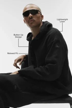 Sudadera con capucha y botones Linen Days – Negro