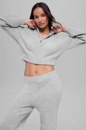 Sudadera con capucha y cremallera completa de cachemira con tejido tipo waffle — Gris jaspeado deportivo