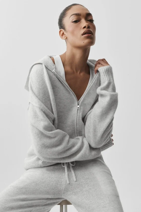 Sudadera con capucha y cremallera completa de lana y cachemira New Class - Blanco jaspeado