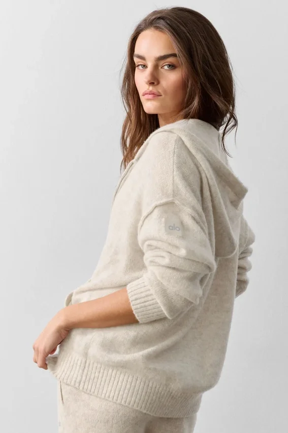 Sudadera con capucha y cremallera completa de lana y cachemira New Class - Gris avena jaspeado