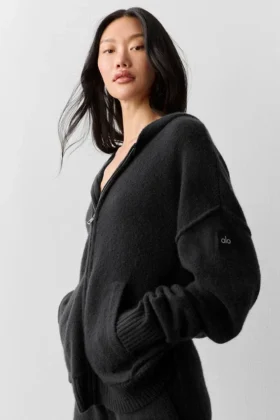 Sudadera con capucha y cremallera completa de lana y cachemira «New Class» – Negro