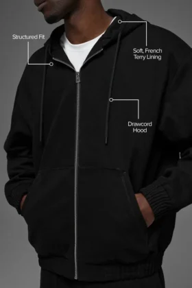 Sudadera con capucha y cremallera completa de lona de algodón – Negro