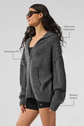 Sudadera con capucha y cremallera completa New Class de lana y cachemira – Gris platino