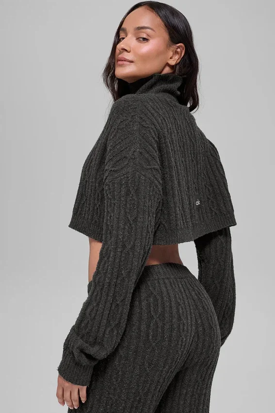 Suéter de cuello alto corto de punto trenzado Winter Bliss, manga larga - Gris oscuro jaspeado