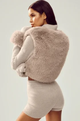 Suéter Northstar de cachemira con pelo sintético y cremallera completa – Gris avena jaspeado