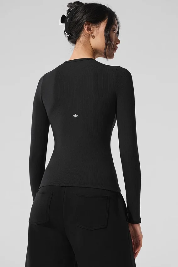 Tanga de modal acanalado de manga larga - Negro