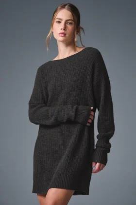 Vestido de cachemira mullida con textura de panal - Gris jaspeado oscuro