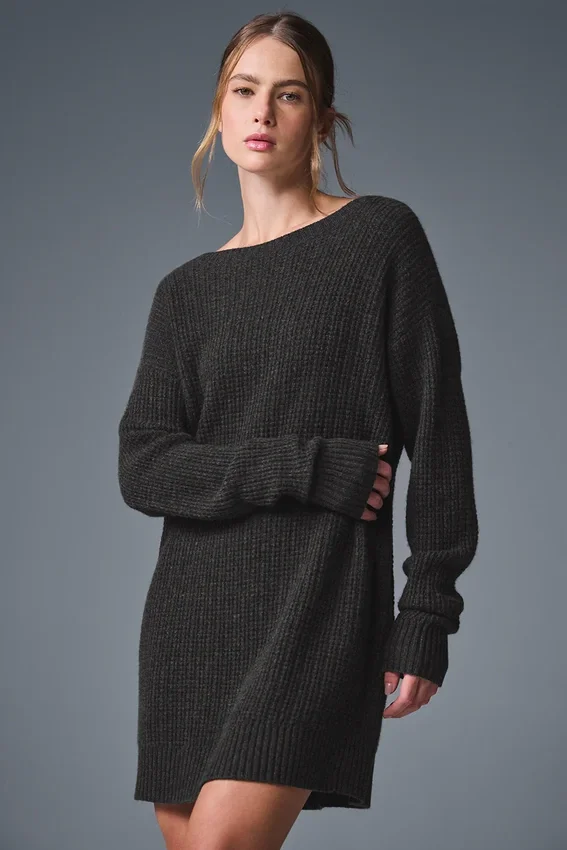 Vestido de cachemira mullida con textura de panal - Gris jaspeado oscuro