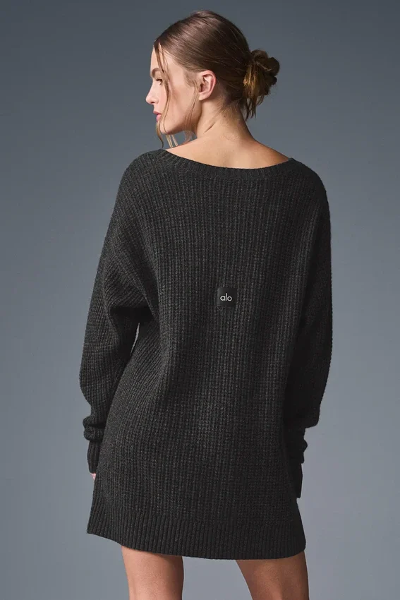 Vestido de cachemira mullida con textura de panal - Gris jaspeado oscuro