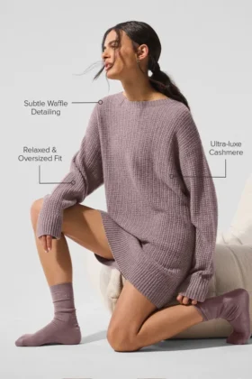 Vestido de cachemira mullida con textura de panal – Gris jaspeado seta