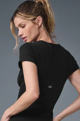 Vestido de manga corta acanalado «Goddess» – Negro