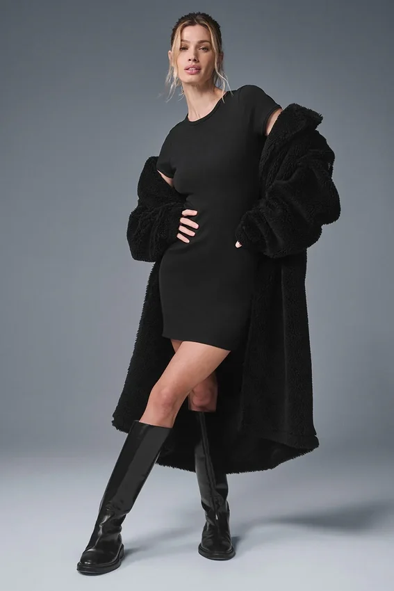 Vestido de manga corta acanalado «Goddess» - Negro