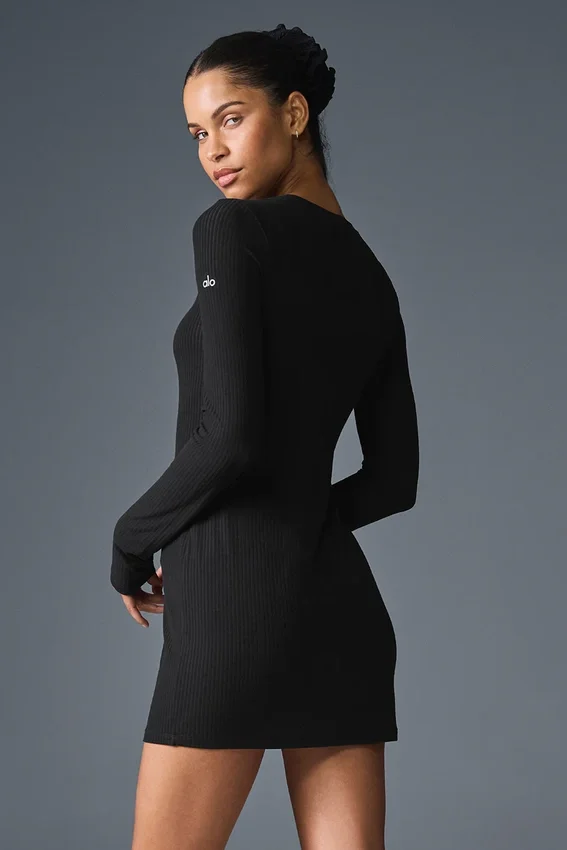 Vestido de manga larga Ribbed Sea Coast — Negro