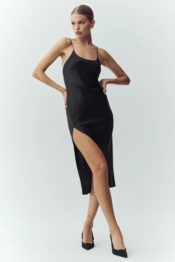 Vestido liso de seda luminosa - Negro