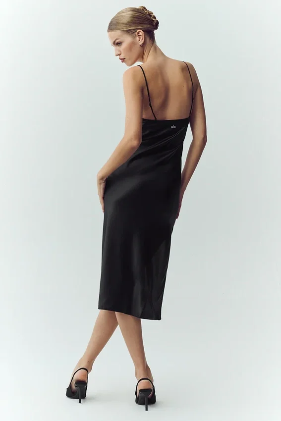 Vestido liso de seda luminosa - Negro